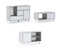 Set Muebles Salón - Aparador, Mesa de Centro y Mueble TV - Modelo Wind - Gris y Blanco