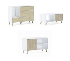 Set Muebles Salón - Aparador, Mesa de Centro y Mueble TV - Modelo Wind - Blanco/Roble