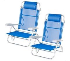 Pack de 2 sillas de playa plegables y reclinables 7 posiciones azul c/cojín y asas