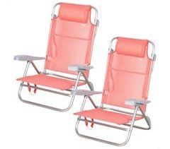 Pack de 2 sillas de playa plegables y reclinables 7 posiciones coral c/cojín y asas