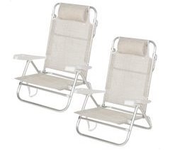 Pack de 2 sillas de playa plegables y reclinables 7 posiciones beige c/cojín y asas