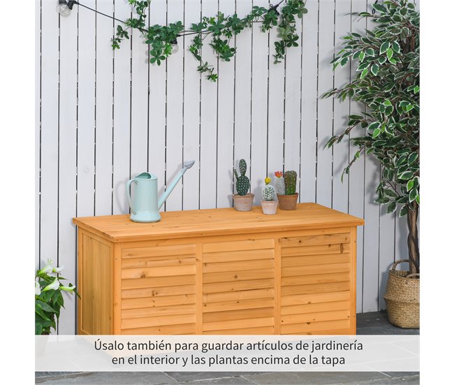 Outsunny Baúl De Madera Exterior Caja De Almacenamiento De Jardín Con Tapa  Abrible Y Diseño Persiana 0.4 m² Blanco