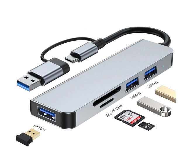 HUB USB 5 en 1 con lector de tarjetas SD y MicroSD, USB3 y USB-C a USB3 y USB2 Gris