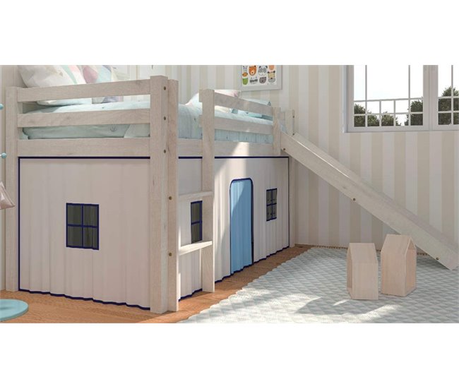 Cama Alta Para Niños Con Tobogan y Escalera De Madera de Pino Blanco