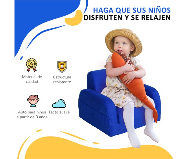 HOMCOM Sillón Infantil Mini Sofá para Niños de +3 Años con Asiento  Acolchado Reposabrazos y Estructura de Madera Carga Máx. de 65 kg 49x45x44  cm Azul
