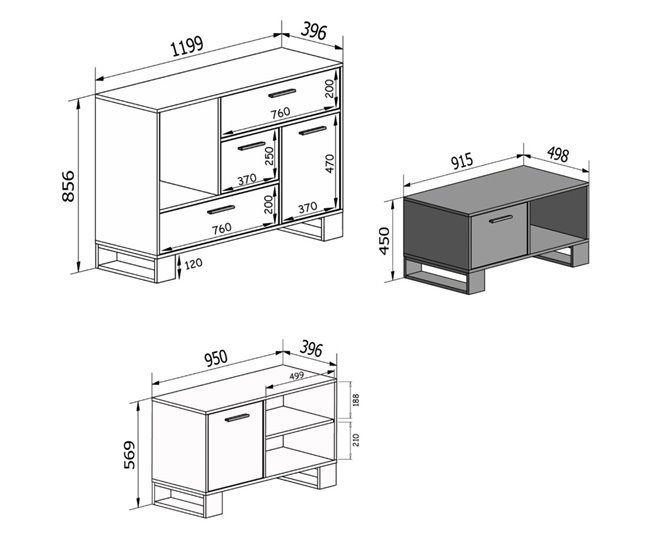 Pack de Muebles de Salón - Aparador + Mesa de Centro + Mueble TV - Modelo Loft Marron