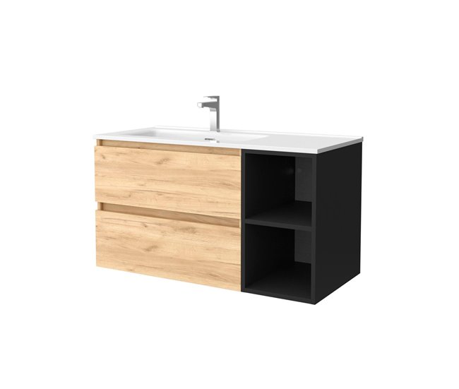 Mueble de baño 100 cm 2 cajones Blanco mate y coqueta 2 huecos Roble con  Lavabo sobre encimera