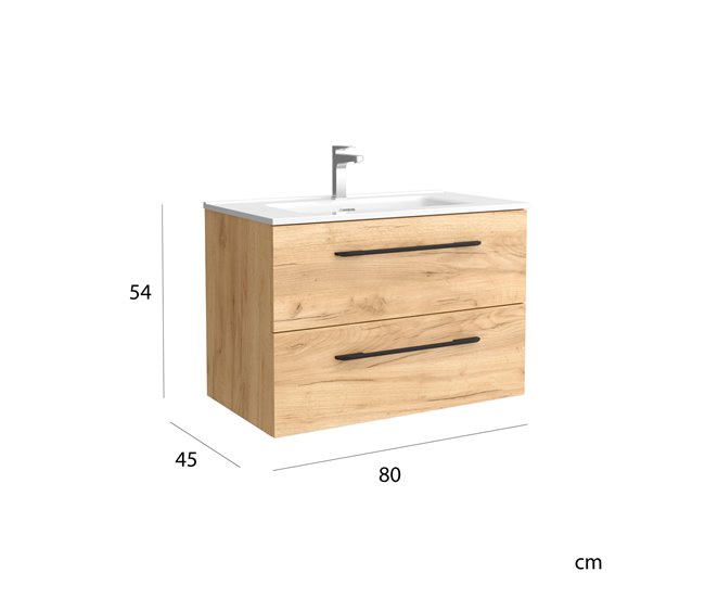 Mueble de baño Morai con tirador  | Lavabo de porcelana 80 Roble
