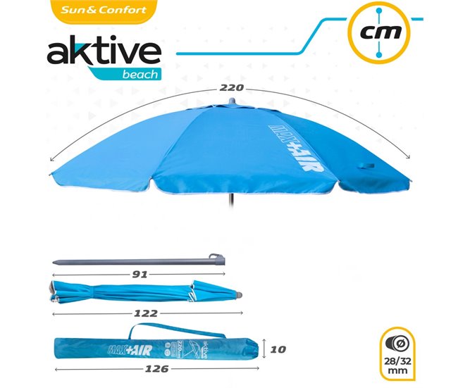 Sombrilla playa antiviento c/mástil reclinable y protección UV50 Aktive Azul