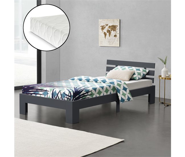 Cama Simple Raisio con Somier Colchón Capacidad máx 150kg pino 120 x 200 cm  - Gris oscuro [en.casa] - Conforama