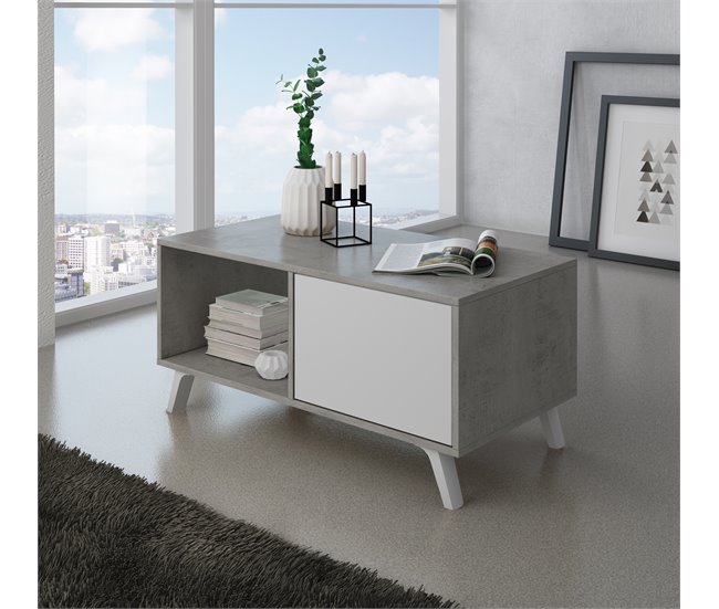 Mesa de Centro para Salón - 45 x 92 x 50 cm - Acabado Cemento/Blanco Cemento