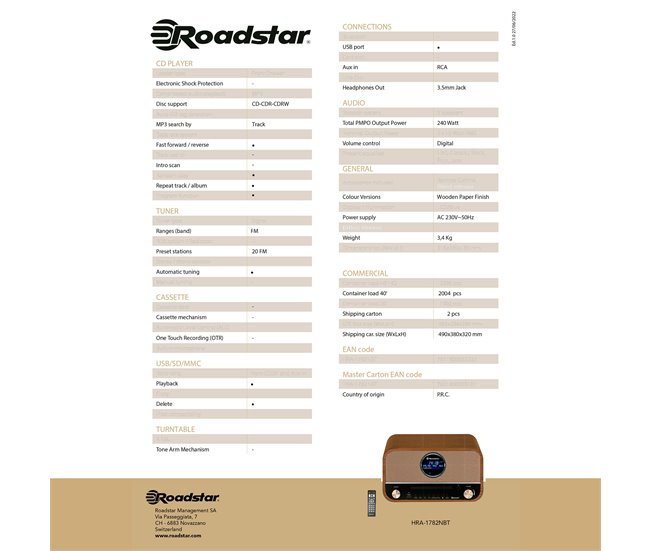 Roadstar HRA-270CD-MP3CD+BT Radio CD Portátil Vintage Digital DAB/DAB+/FM  Reproductor CD-MP3 Bluetooth USB, Mando Distancia, , Madera - Conforama