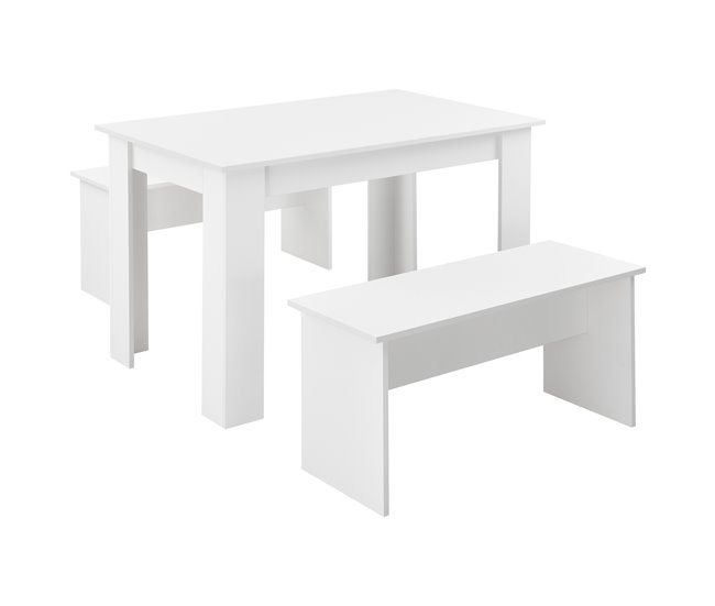Conjunto de mesa de comedor + 2 bancos Hokksund aglomerado 110x70 Blanco