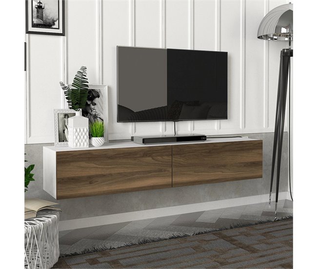 Mueble TV suspendido Toivakka aglomerado 135 x 31 x 25 cm - Blanco / Nogal  [en.casa] - Conforama