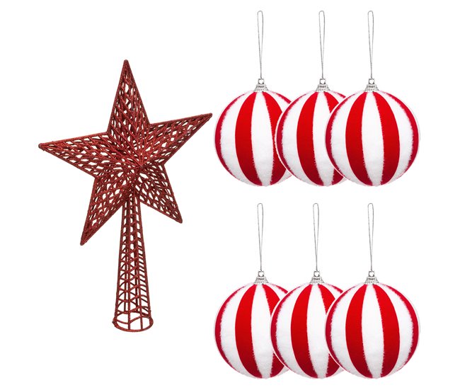 Pack 6 bolas Navidad rayas + Estrella Rojo