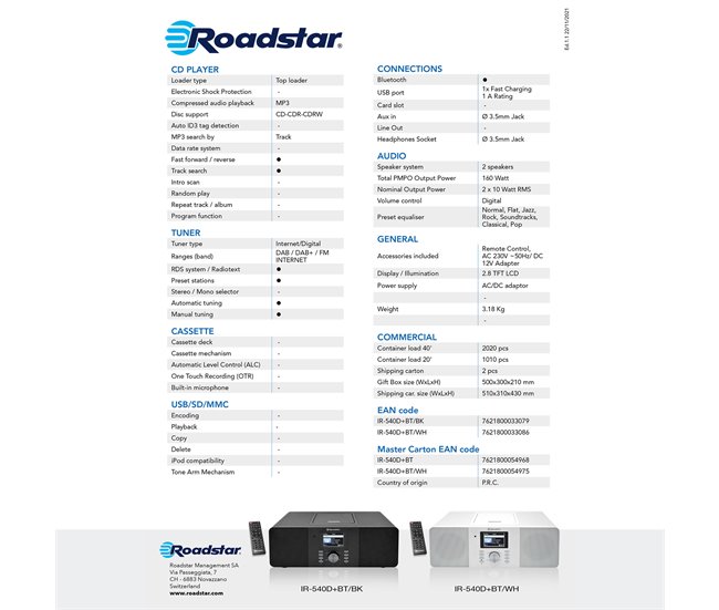 Microcadena Roadstar IR-540D+BTWH Negro