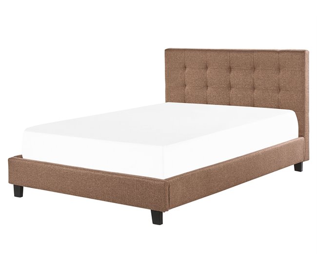 Cama con somier de poliéster beige/madera oscura 90 x 200 cm