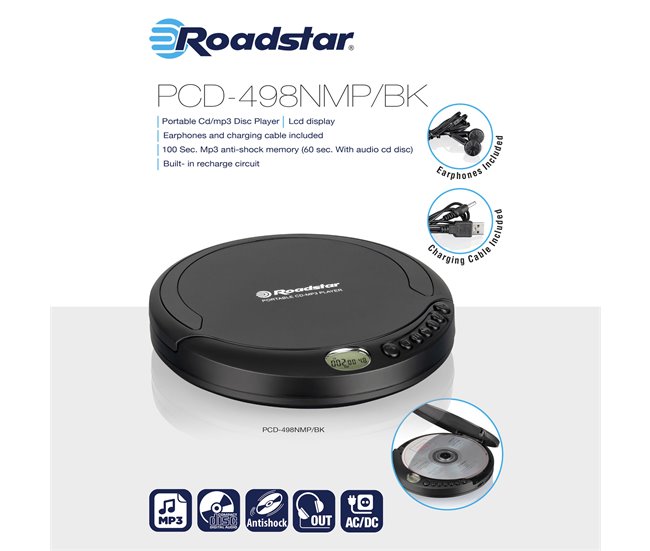 Reproductor de CD portátil  Roadstar PCD-498NMP/BK Negro
