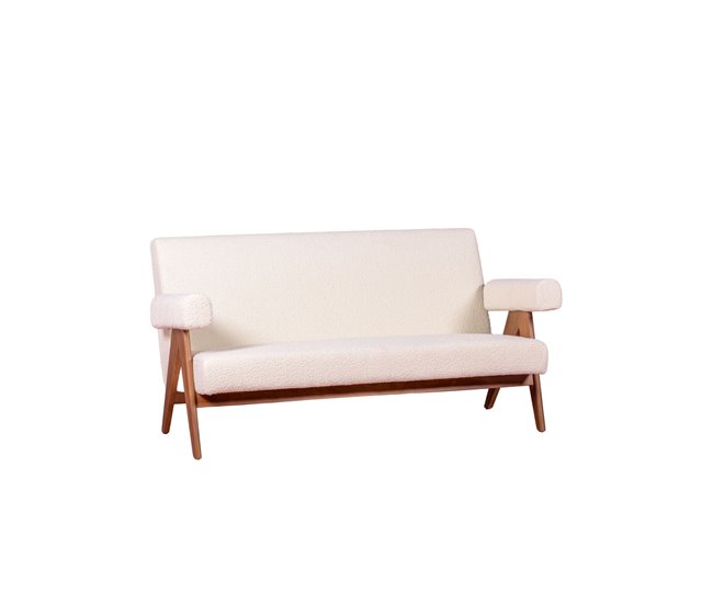Sofá vintage en madera de teca y tapizado en boucle - Daneu Blanco