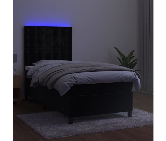 Cama box spring colchón y LED terciopelo - Botones 80x200 Negro