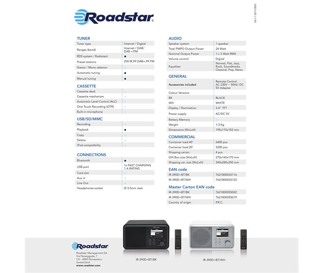 Radio portátil Roadstar IR-390D+BT/WH Blanco