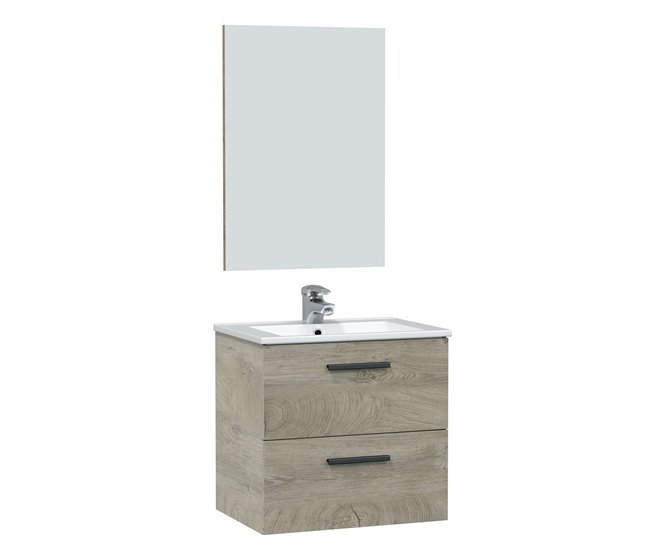 Mueble baño suspendido Alan 2 cajones espejo, sin lavabo, Alaska Madera