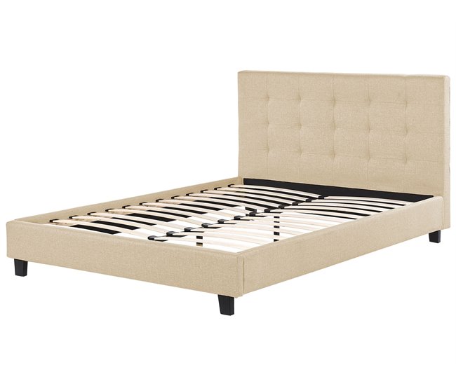 Cama con somier de poliéster beige/madera oscura 90 x 200 cm