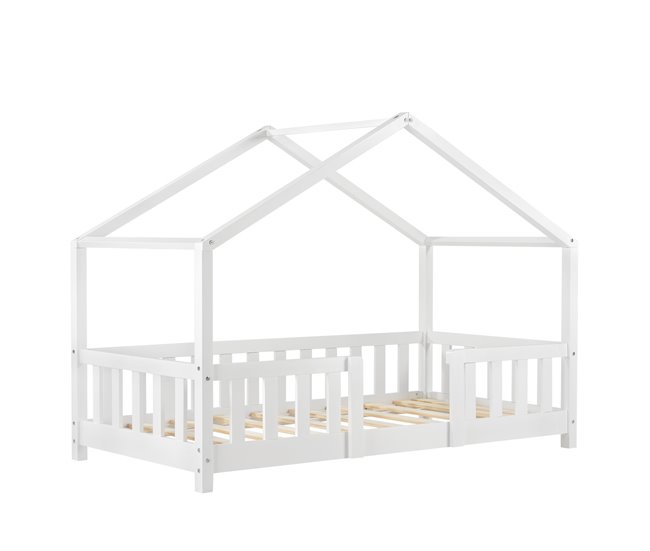 Cama para niños Treviolo forma de casa pino con colchón 70x140 cm blanco  mate [en.casa