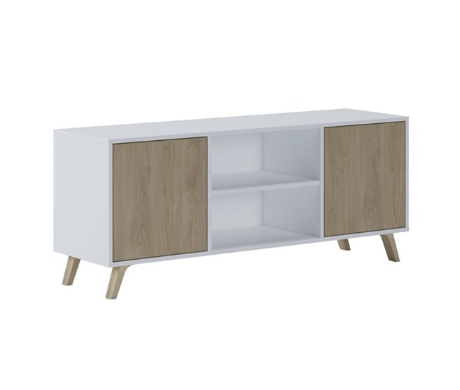 Set Wind Mueble tv100-Mesa Baja, Blanco/Roble, Pata Blanca