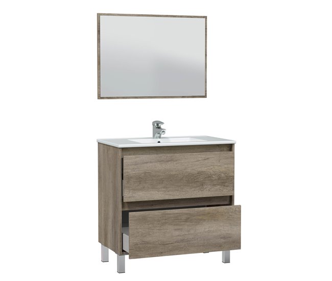 Mueble baño Devin 2 cajones, espejo y lavabo PMMA, Nordik Madera