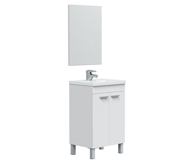 Mueble baño Levis 2 puertas, espejo y lavabo, Blanco brillo Blanco