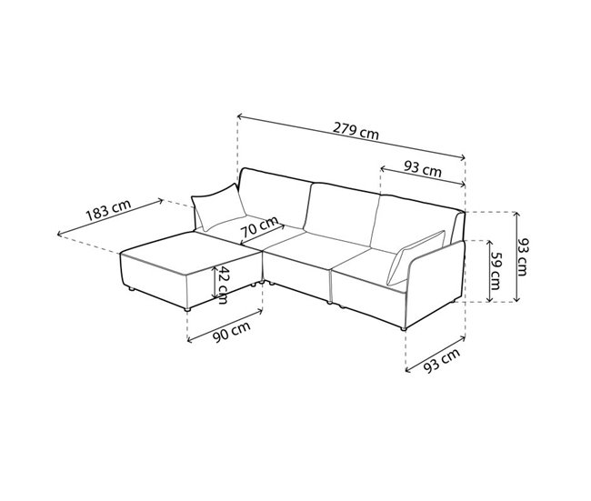 Sofá modular con chaiselongue 3 plazas y brazos Cubiq Beige