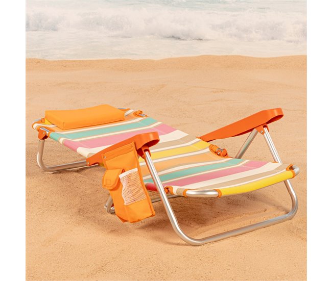 Aktive Silla de playa baja plegable y reclinable 4 posiciones c/bolsillo, cojín y asa Multicolor