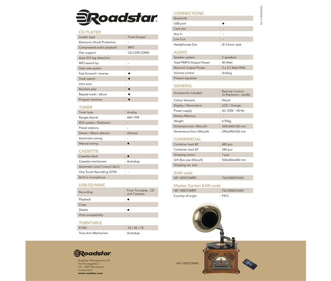 Tocadiscos Roadstar HIF-1850TUMPK Madera