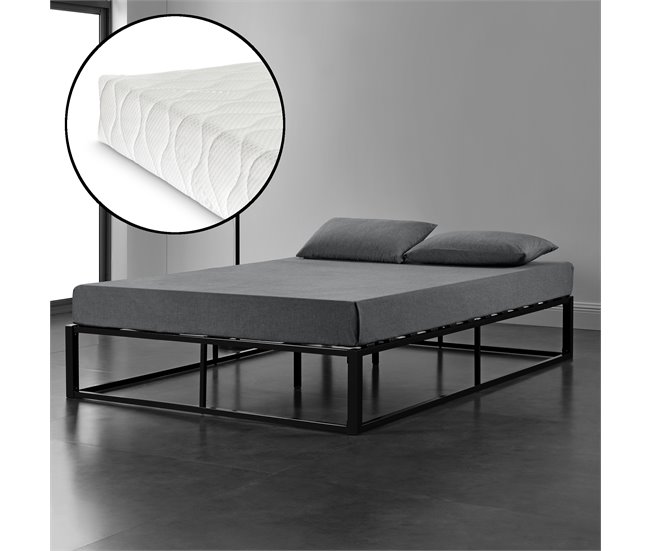 Cama Doble (Kreta) con colchón y listón de cama metal-acero 143x203 Negro