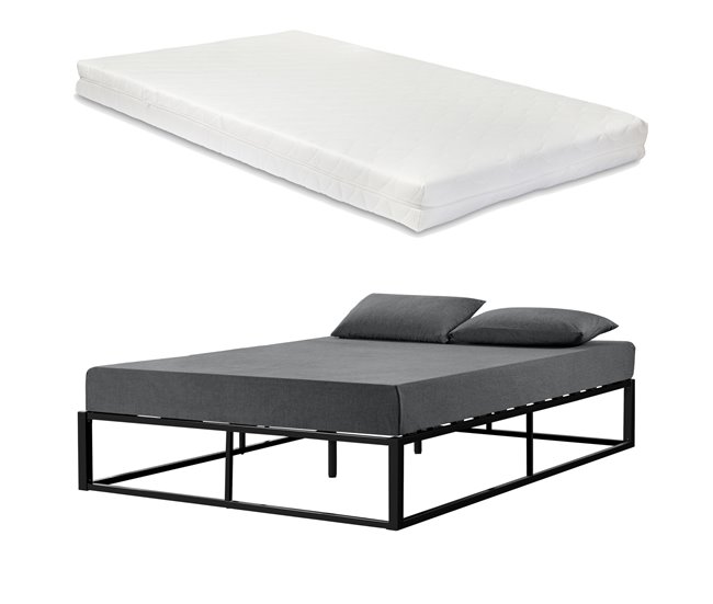 Cama Doble (Kreta) con colchón y listón de cama metal-acero 183x203 Negro