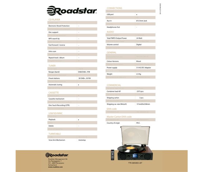 Tocadiscos Roadstar TTR-8850ED+BT Negro