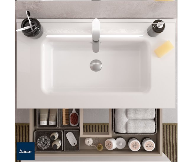 Mueble de baño 2 cajones y 2 huecos - Lavabo integrado 90 Blanco