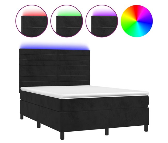 Cama box spring colchón y LED terciopelo - Rayas horizontales 140x190 Negro