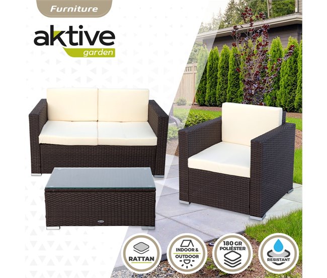 Conjunto muebles terraza sillones, sofá y mesita ratán Aktive Negro
