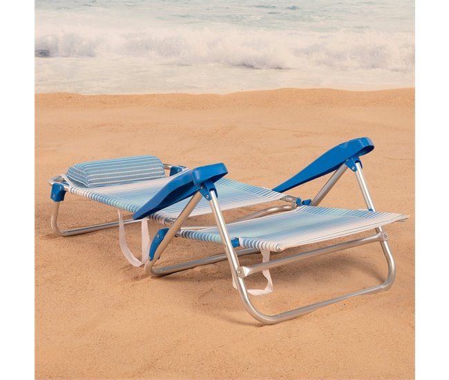 Aktive Silla de playa plegable y reclinable 7 posiciones rayas c/cojín y asas mano Azul