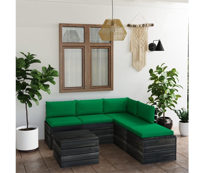 Muebles de palets para jardín 6 pzas con cojines madera de pino Verde Oscuro