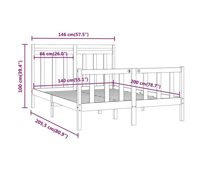 Estructura de cama de madera maciza 140x200 Negro