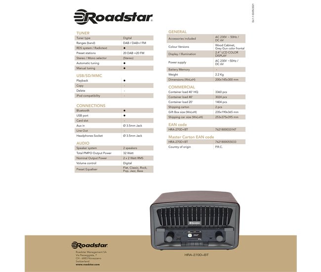 Radio retro Roadstar HRA-270D+BT Madera
