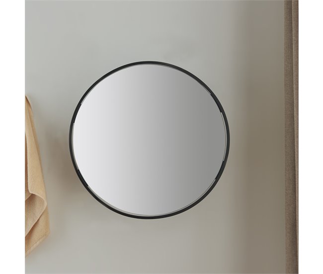 Espejo de pared Sunne redondo con 2 estantes acero y cristal Negro