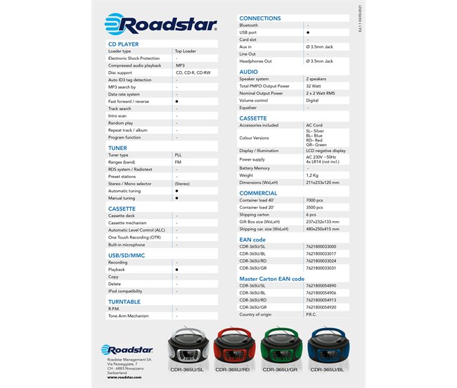 Radio CD Roadstar CDR-365U/RD Negro/ Rojo