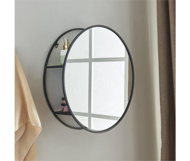 Espejo de pared Sunne redondo con 2 estantes acero y cristal Negro