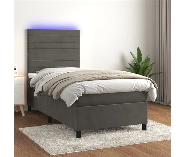 Cama box spring colchón y LED terciopelo - Rayas horizontales 90x200 Gris