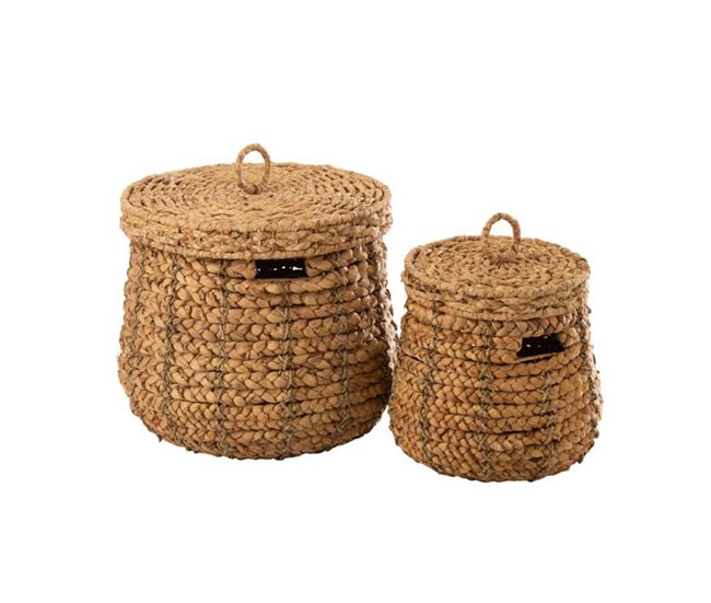 Pack de 2 cestas con tapa de materiales naturales Marron