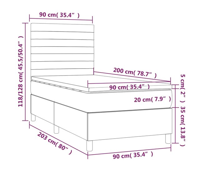 Cama box spring colchón y LED terciopelo - Rayas horizontales 90x200 Gris